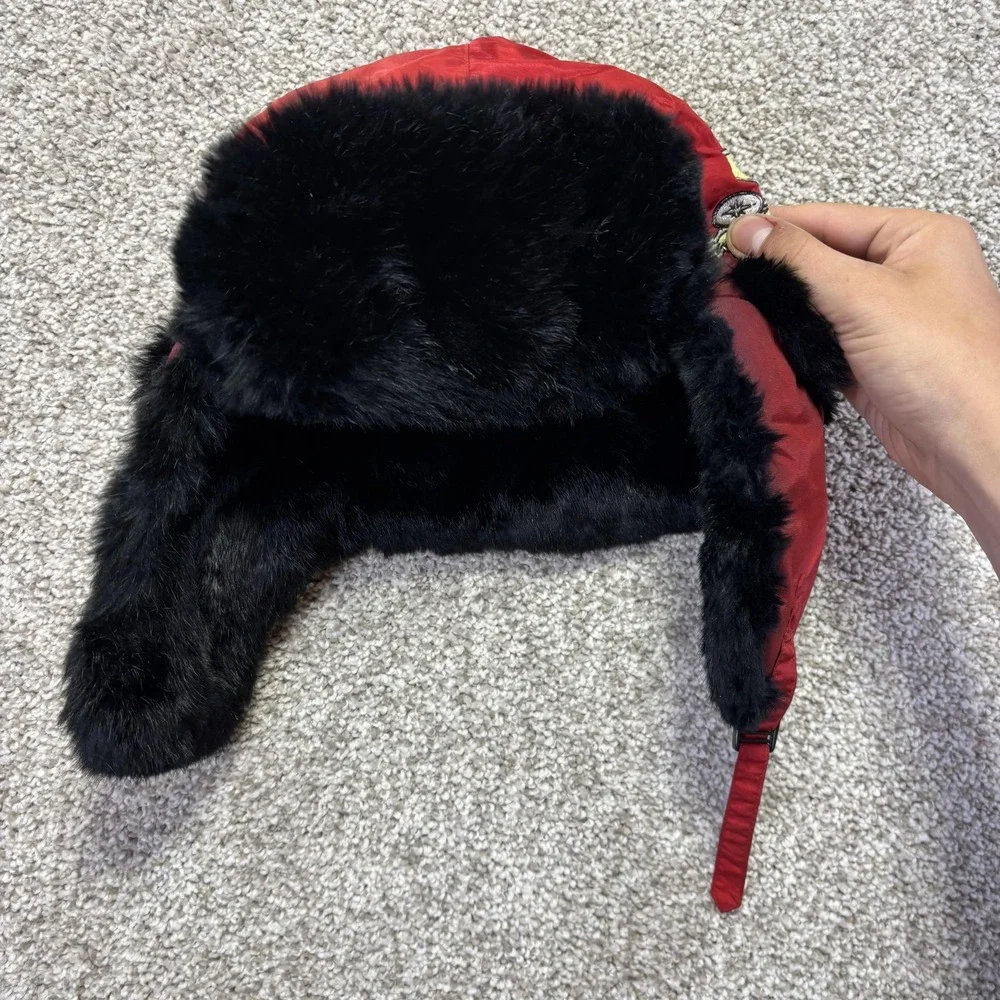 Polaris Trapper Hat‎ Mens XL Red Rabbit Fur Lined Nylon Snowmobile Ski Winter